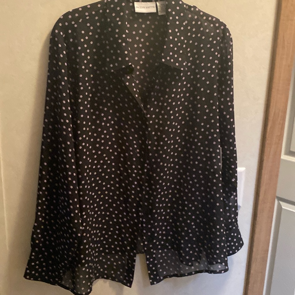 Black with purple dots long sleeve button down blouse from Jaclyn Smith